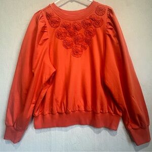 By Anthropologie Embroidered Floral Puff Sleeve Orange Sweatshirt Sz XL